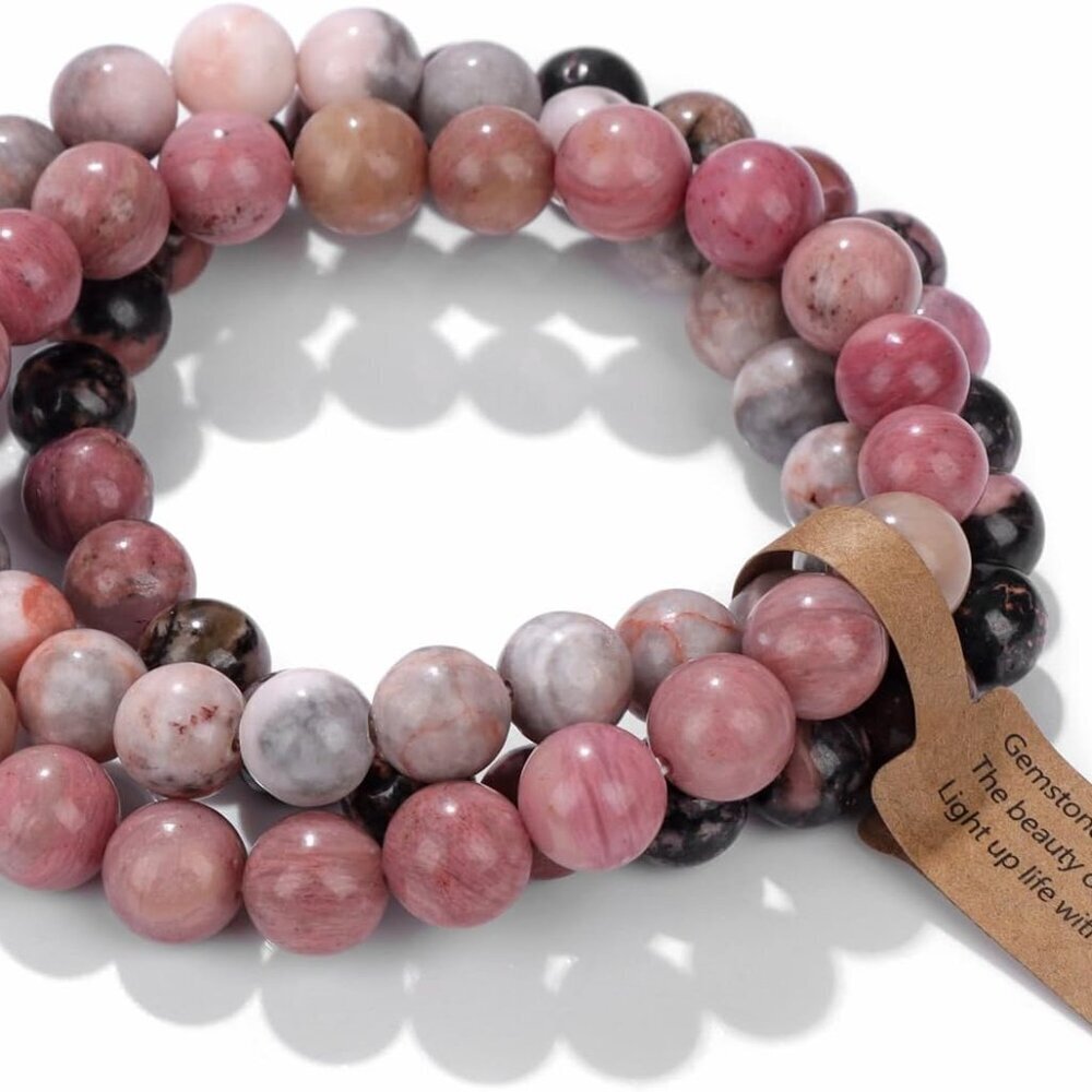 Set of 3 Healing Crystal Bracelets: Pink Zebra Jasper, Rhodochrosite, Rhodonite